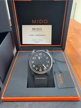 Mido Black Dial Multifort Watch with Red Accents